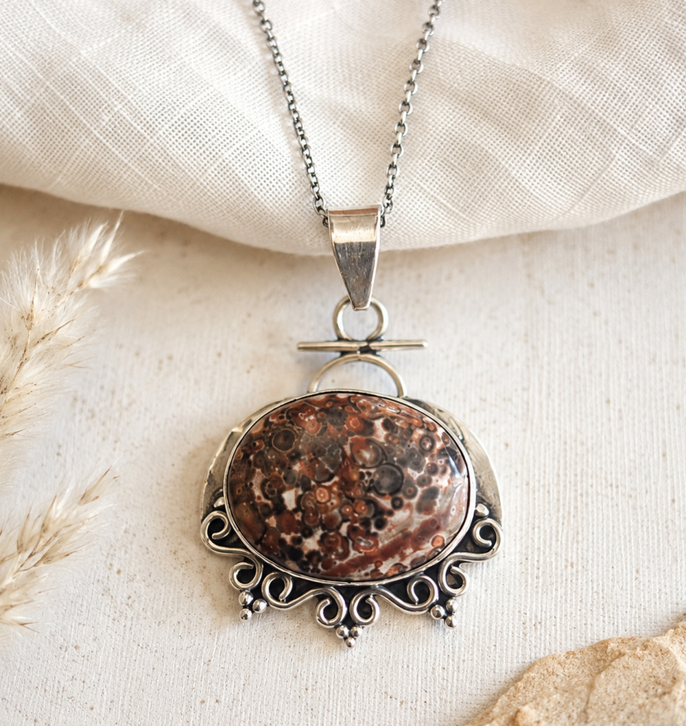Leopard Skin Jasper 925 Pendant Necklace 18” Earthy Boho Jaguar Stone